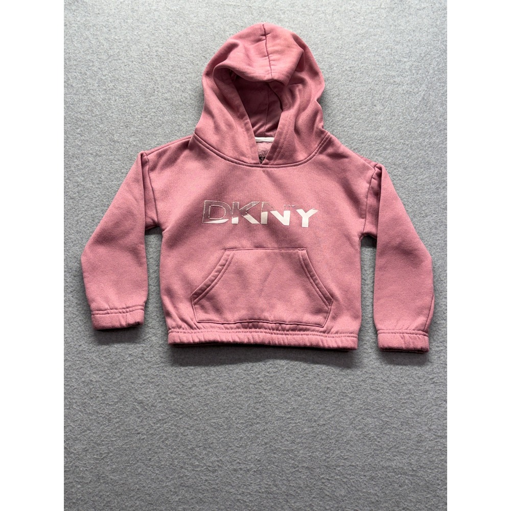 DKNY Girls Pink Fleece Pullover Hoodie‎ Metallic Logo Sweatshirt Size 4 B5410DG